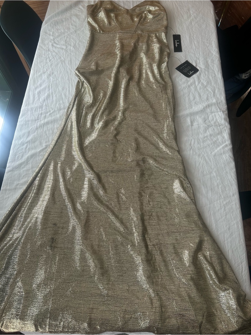 Lulu's Metallic Gold Gown with adjustable arm straps